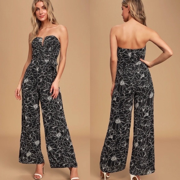 NWT Lulus Dancing in the Dark Black and White Print Strapless Jumpsuit Black - Picture 1 of 7